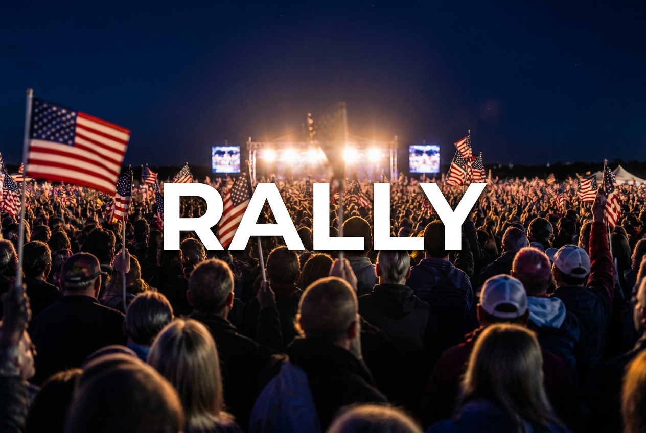 Campaign rally crowd at night waving American flags