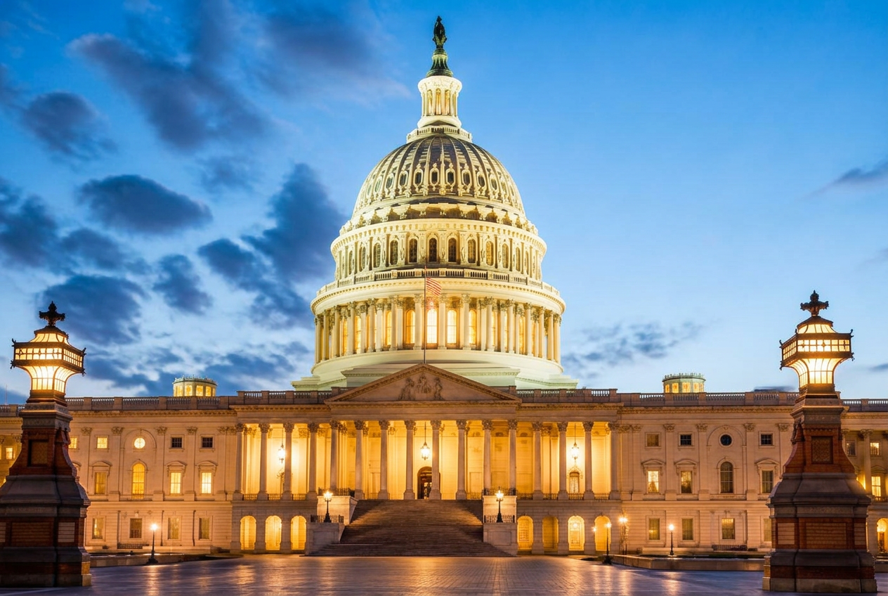 The United States Capitol illuminated at dusk