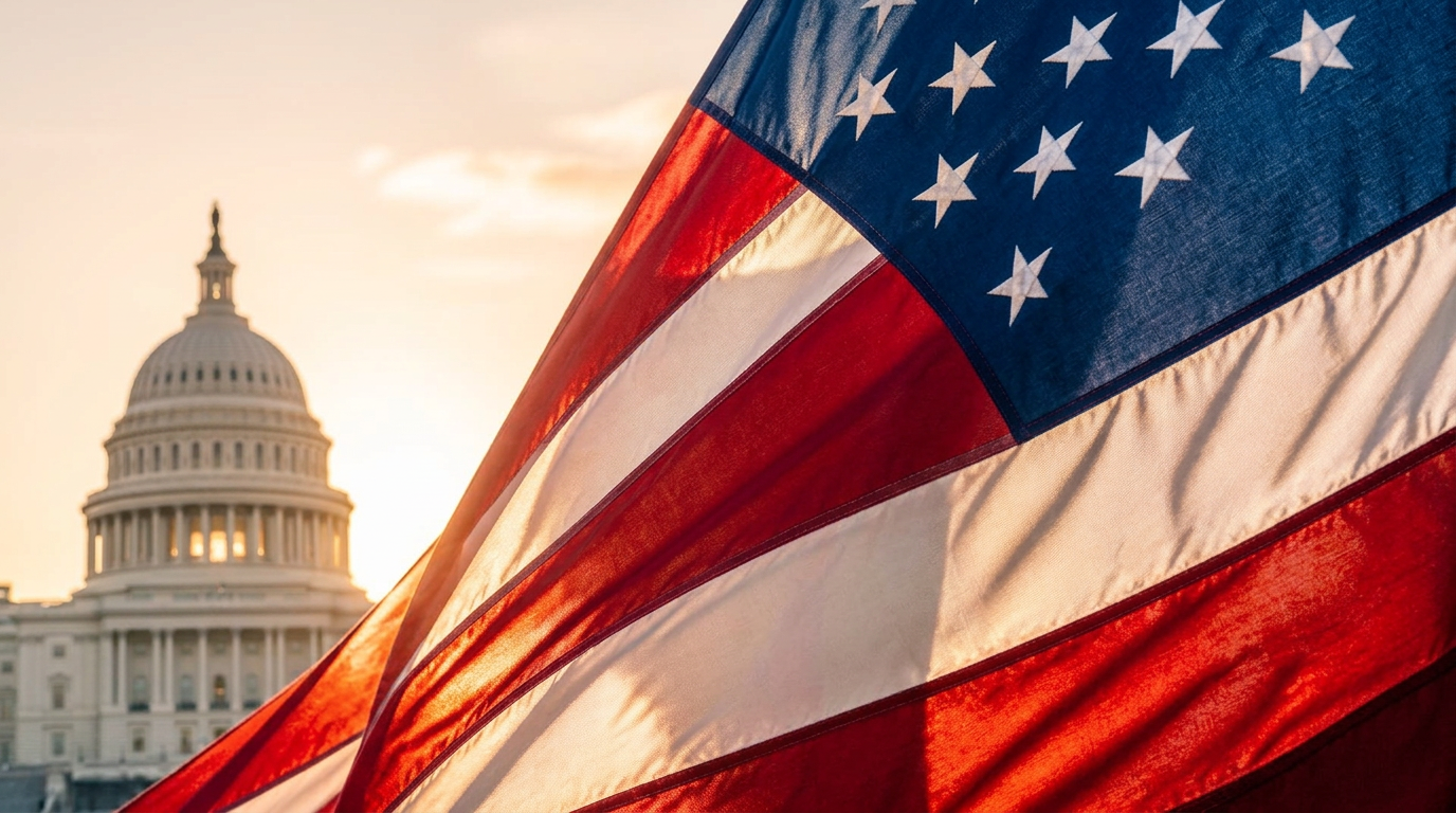 American flag at sunset with the United States Capitol dome behind it